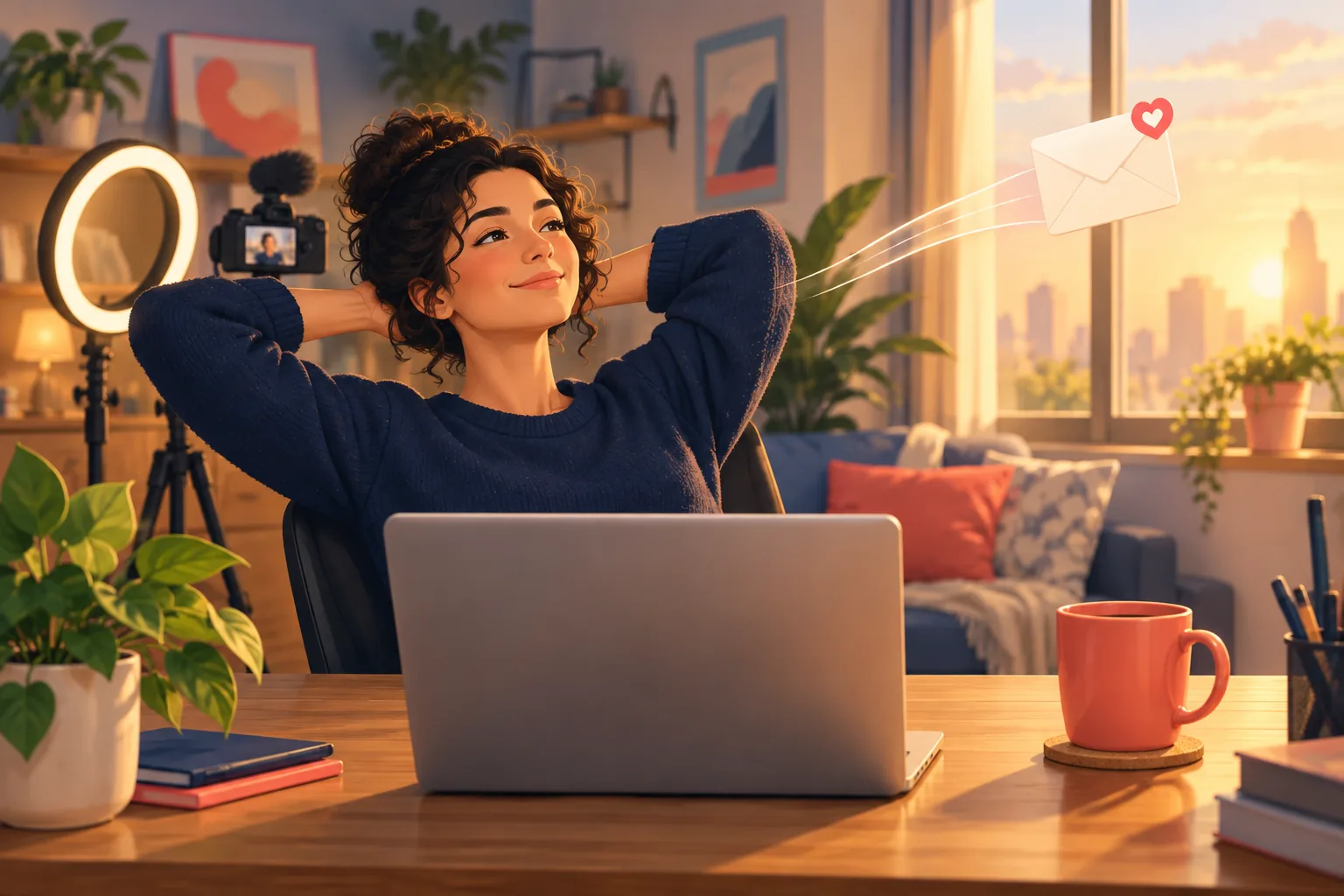YouTube creator relaxing at her desk as a new upload turns into an email alert for her fans