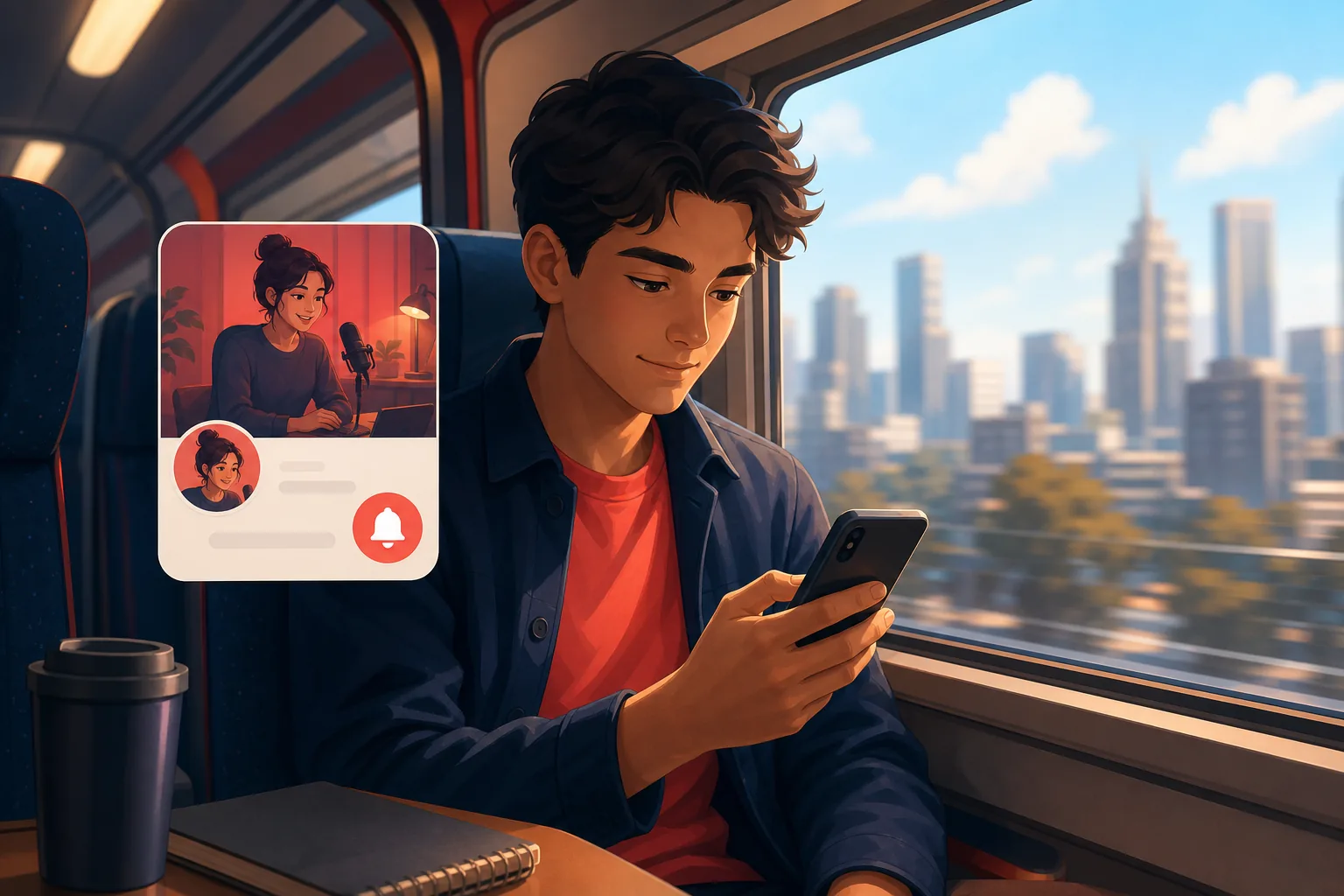 A young man on a train quietly browsing a creator page on his phone in a private way, calm and low-key expression