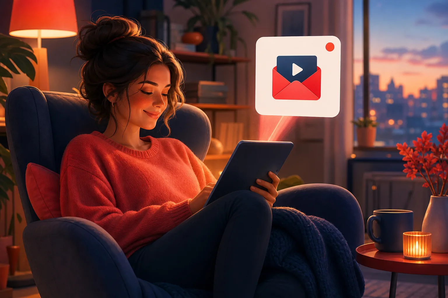 Relaxed woman in a warm living room smiling softly as one tidy upload-alert email arrives on her tablet