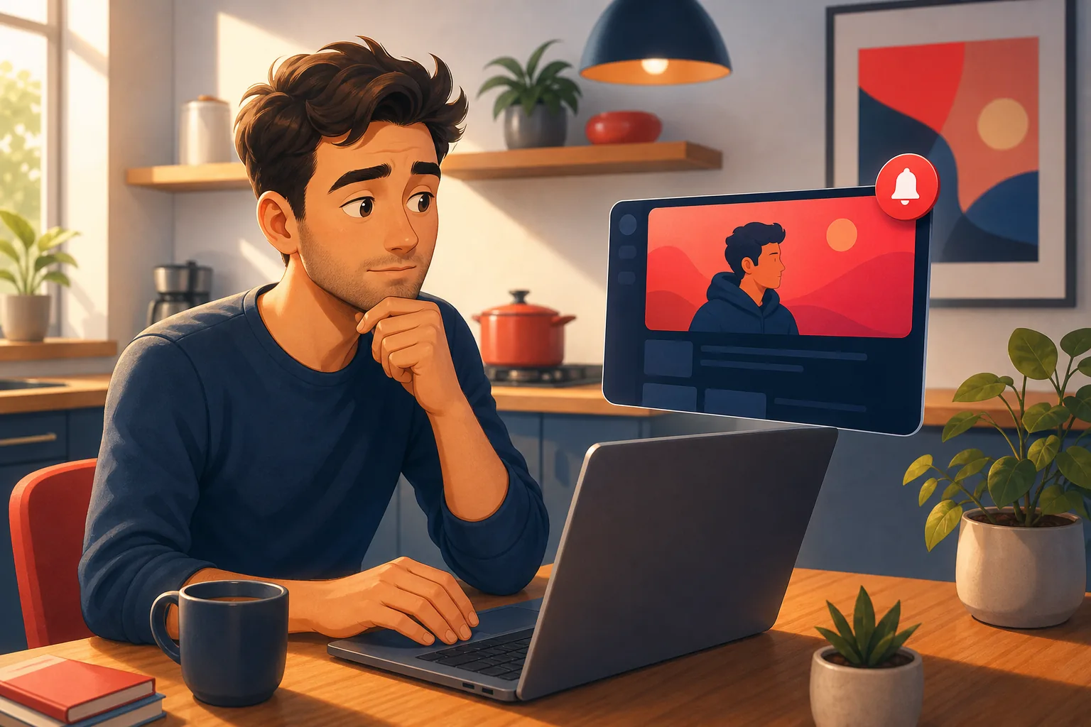 Person at a kitchen table opening a bookmarked channel page on a laptop, curious but a little unsure what is new