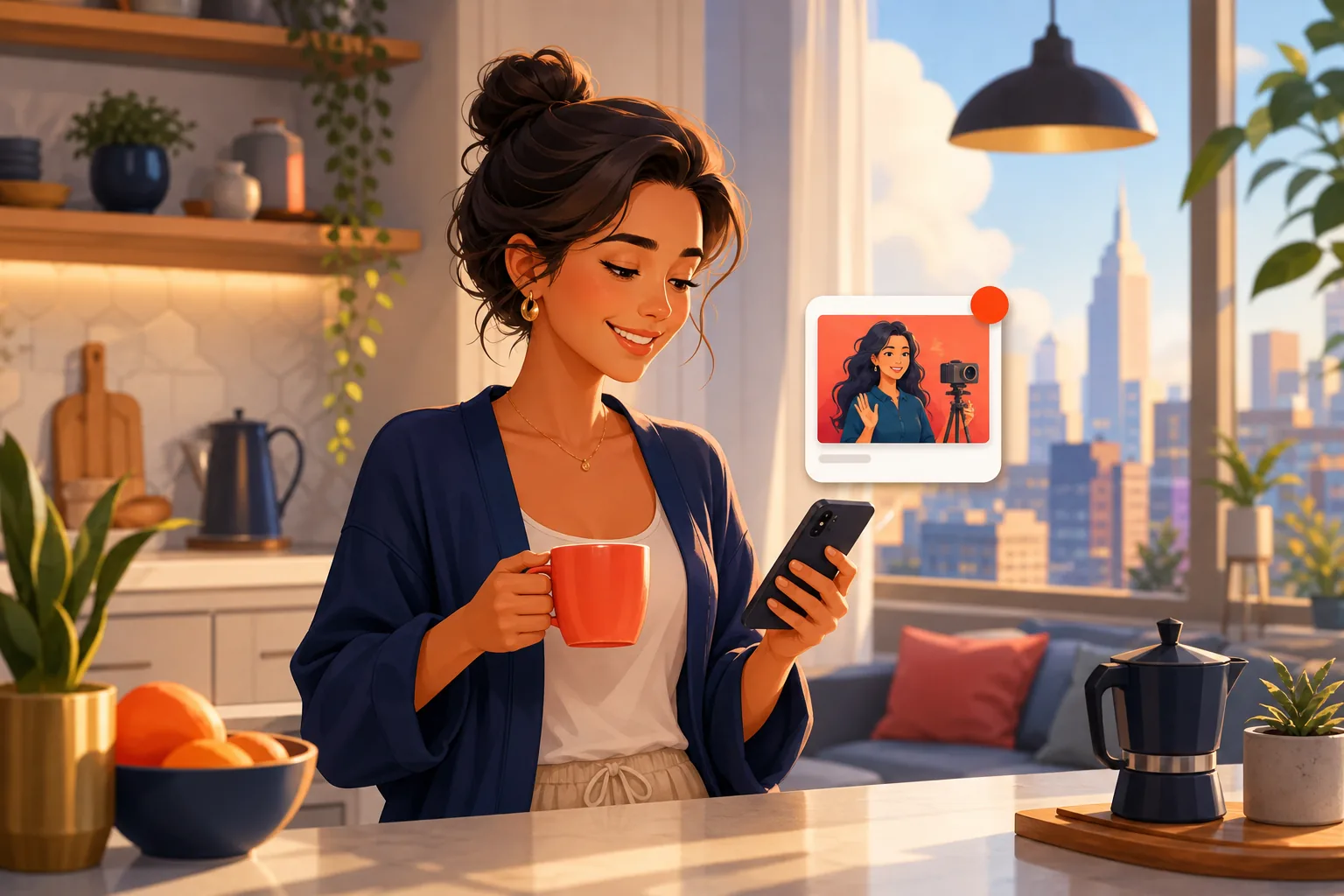 Content woman at a bright kitchen counter with coffee, glancing at one clean new-video email on her phone, no app open