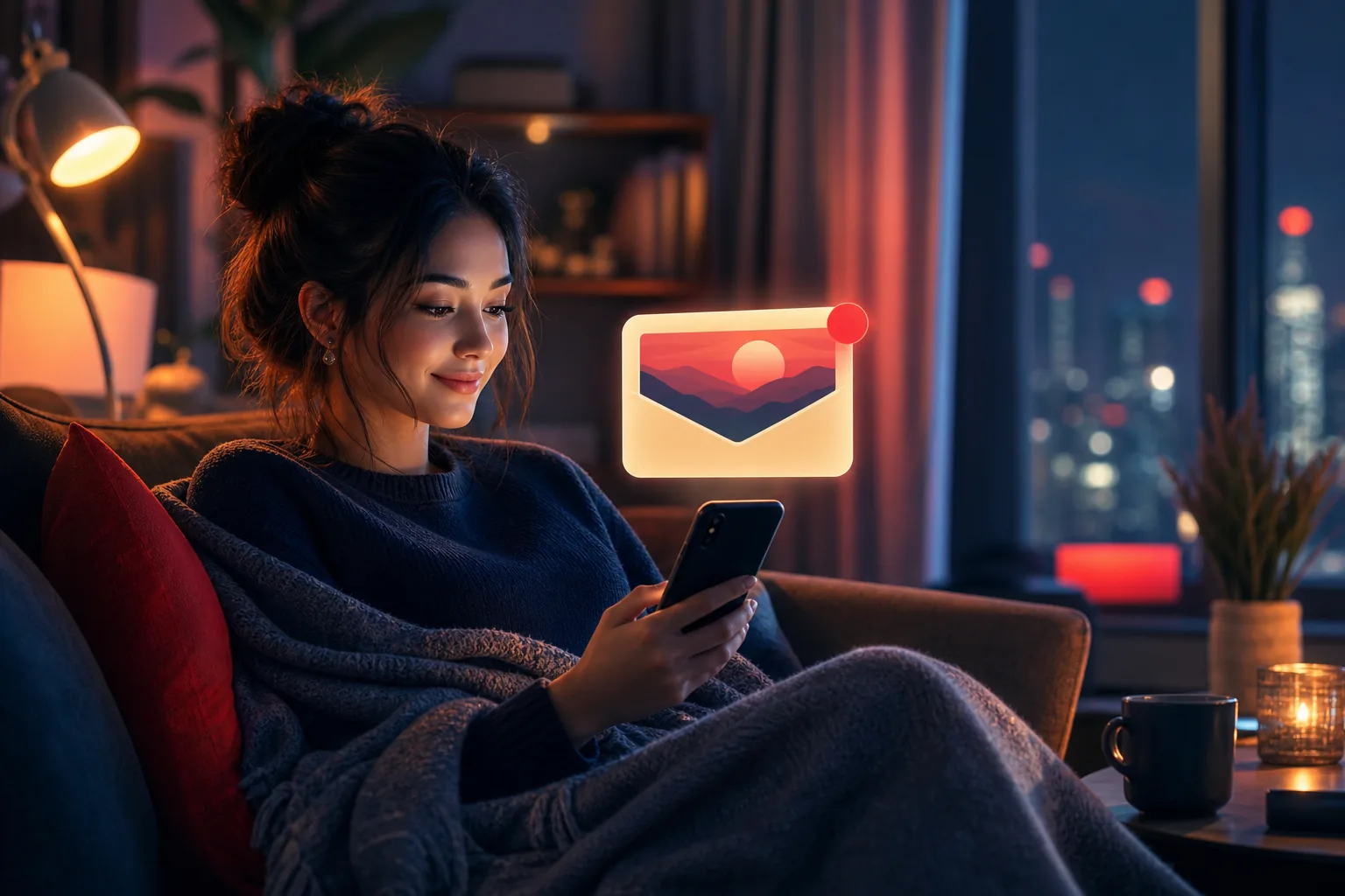 Woman on her couch at night quietly checking one upload-alert email on her phone, no YouTube app open