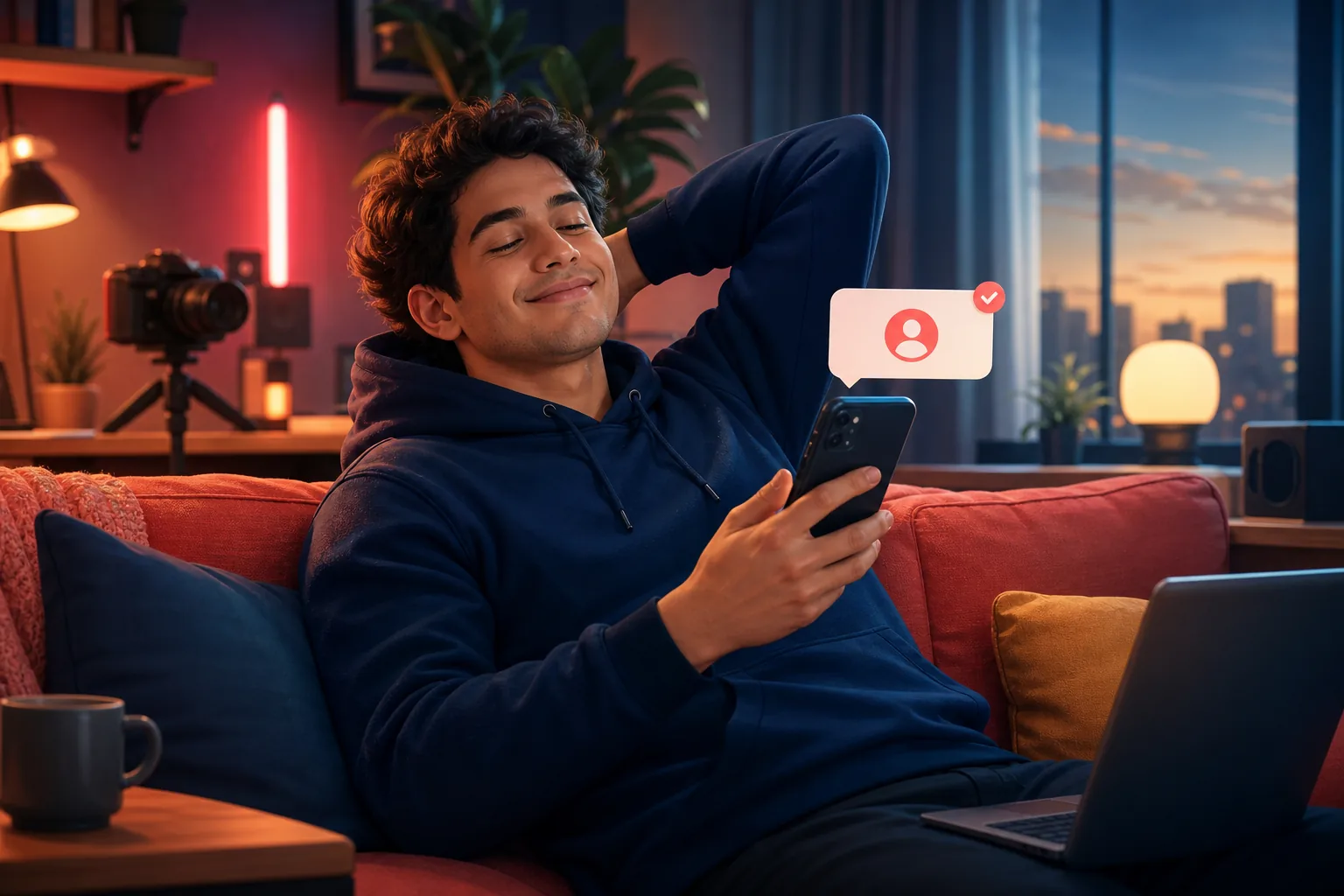 Relaxed man on a sofa checking a channel on his phone, calm now that he knows subscribing stays private