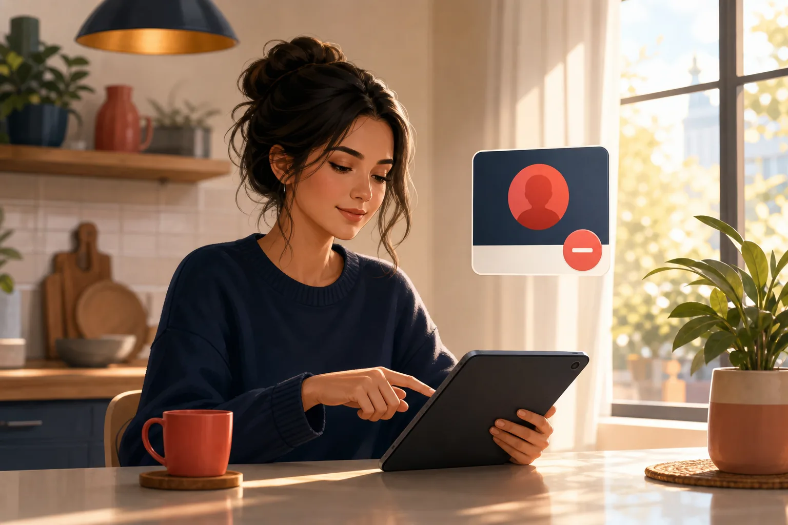 Woman quietly unsubscribing from a channel on her tablet at a kitchen table, unbothered and private