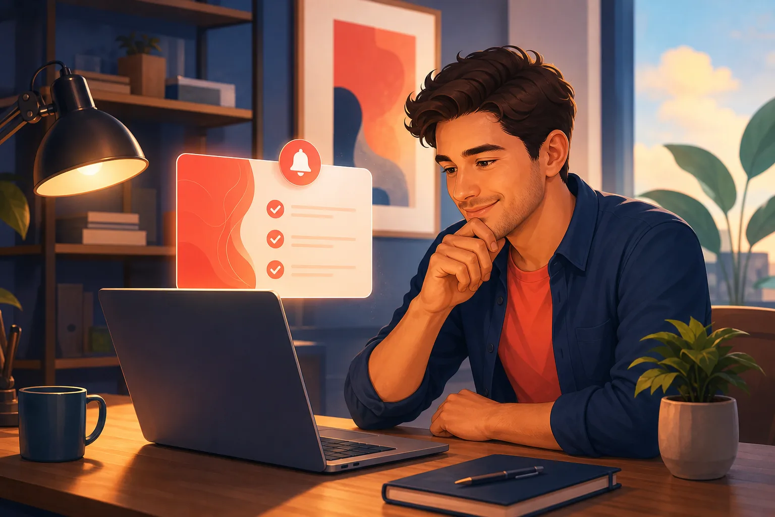 Man at a desk reading a clear list of answers on his laptop, relieved that his questions are sorted