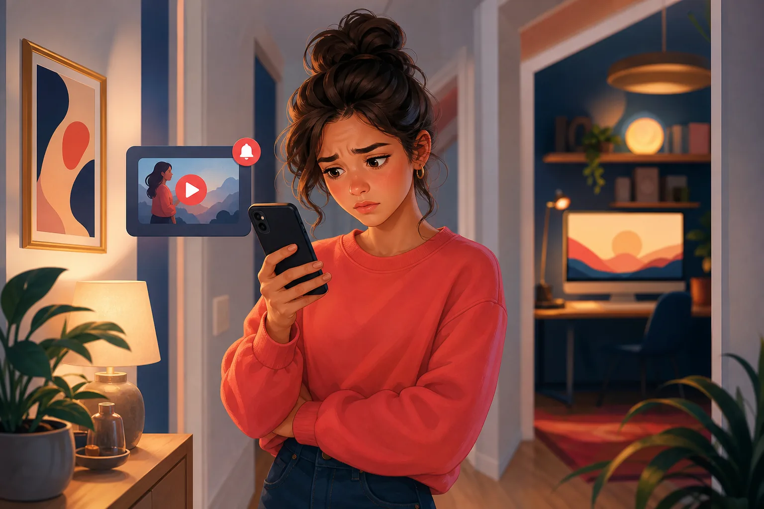 Woman looking a little puzzled at her phone, a video she missed despite being subscribed, realizing the bell failed