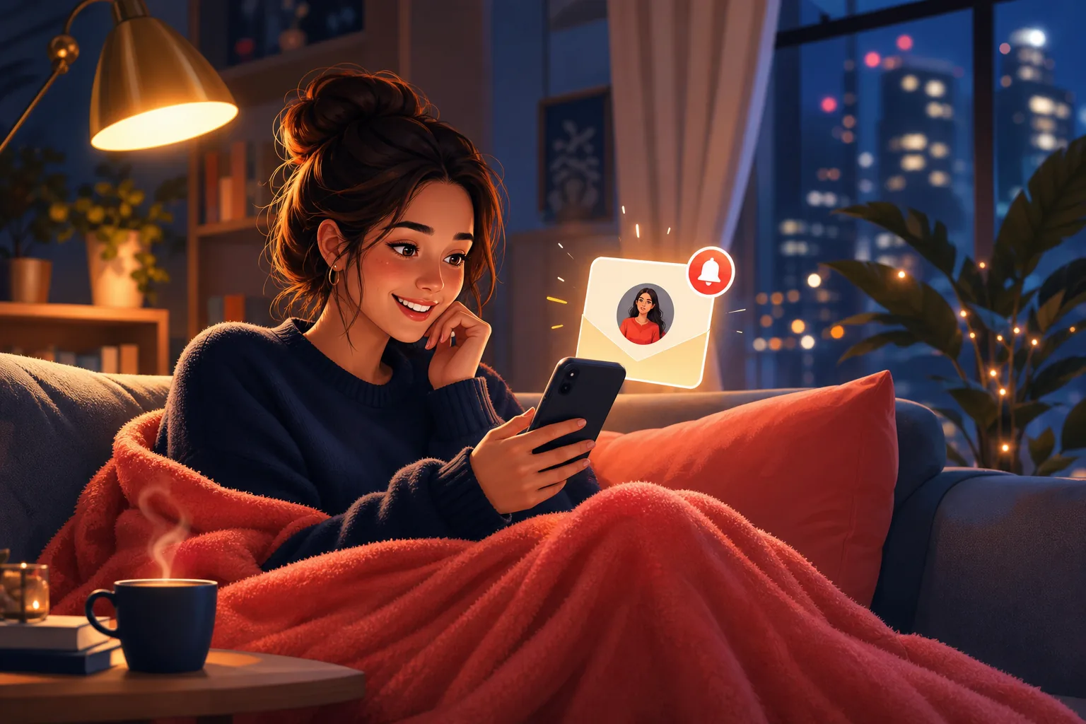 Content woman on her sofa smiling as a tidy upload-alert email arrives on her phone, finally hearing about every video