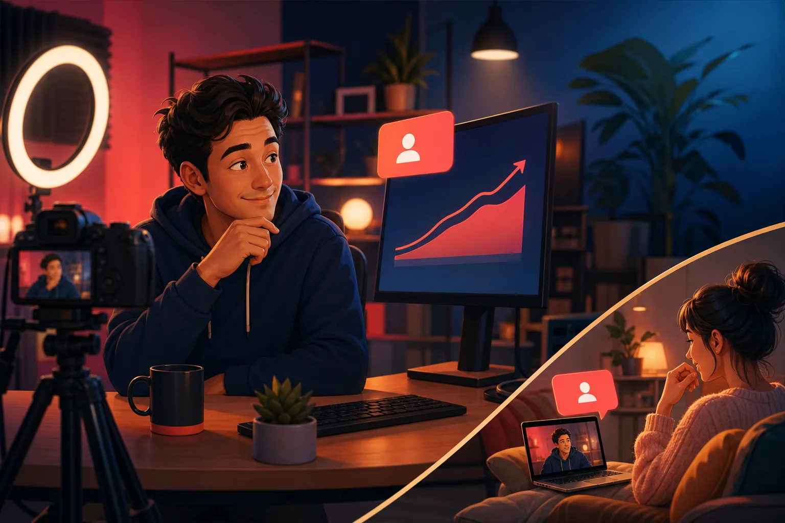 Creator at a filming desk glancing at a rising subscriber number on a monitor, seeing a count but no names