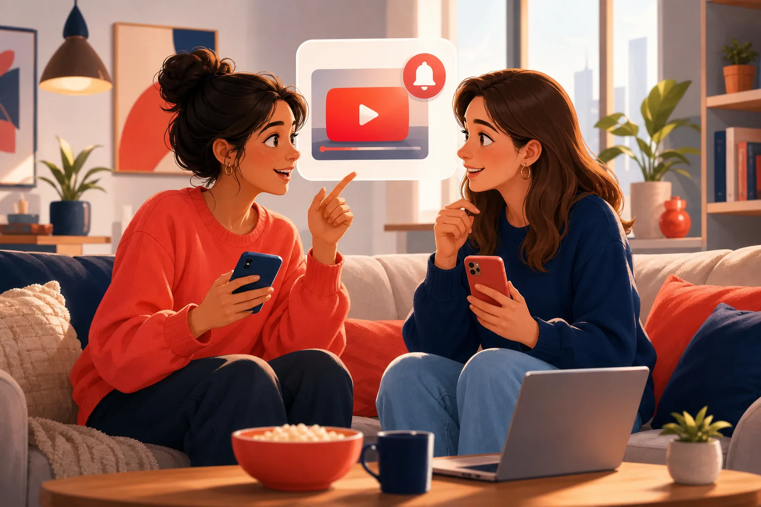 Two friends on a couch comparing notes on their phones about YouTube subscriptions, casual and curious