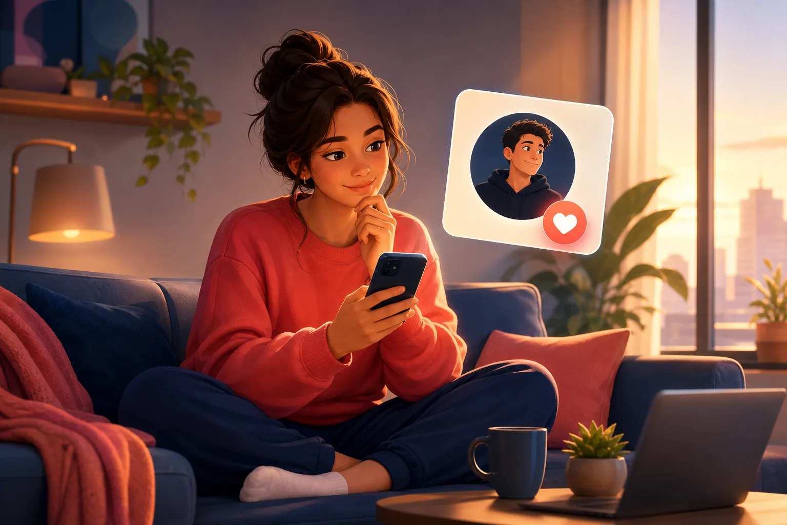 Curious woman on her couch tapping subscribe on a channel, wondering whether the creator can see her