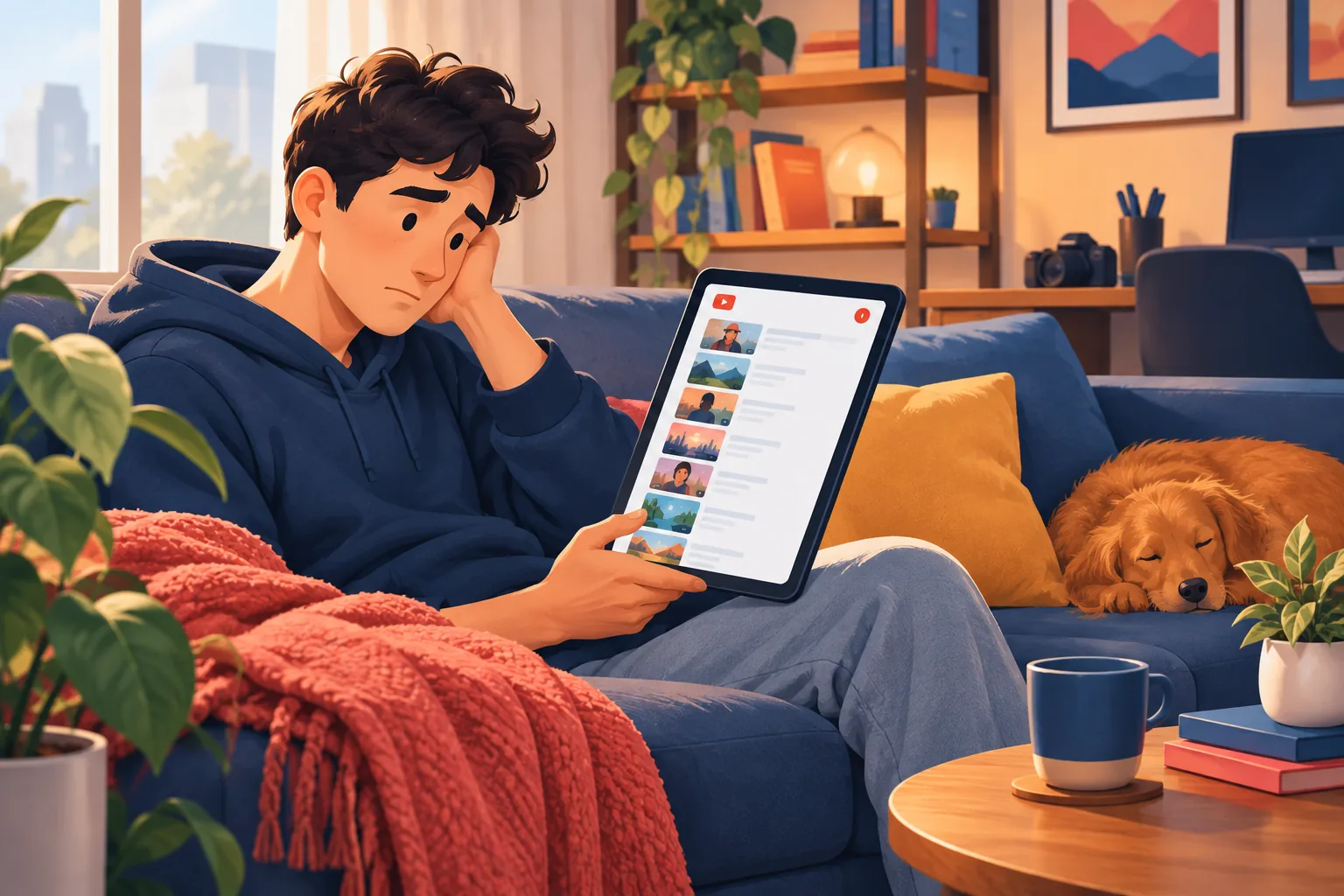 Man on a couch opening an RSS reader app on a tablet to a long backlog of unread YouTube uploads