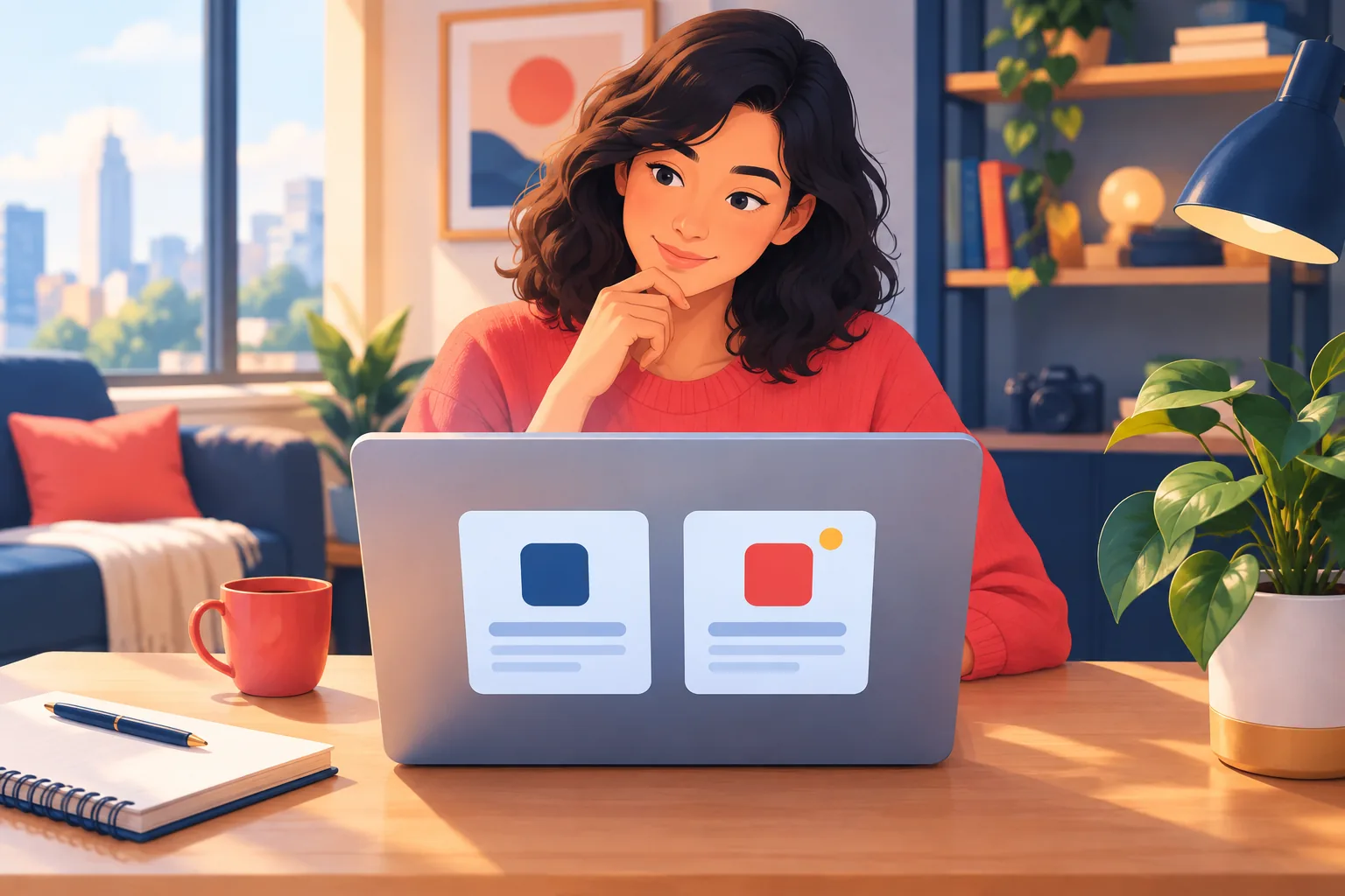 Woman comparing two RSS reader options on a laptop at a desk, realizing both are apps she must open