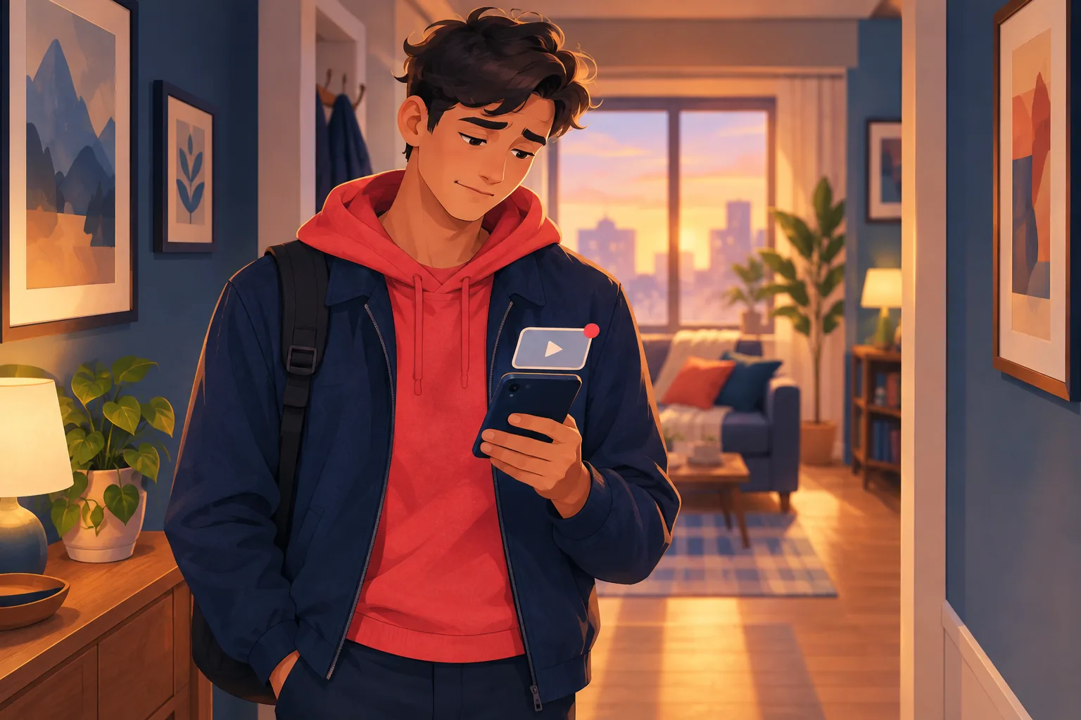 Man glancing at a phone showing a live stream that already ended, mildly disappointed he checked too late