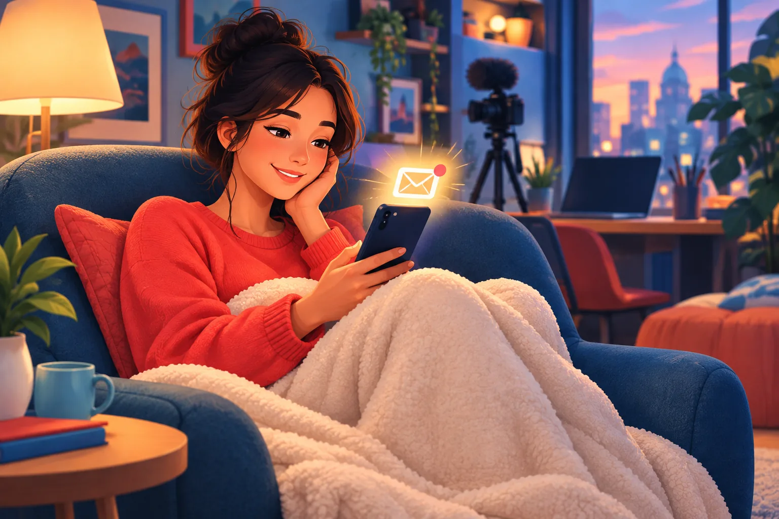Woman in an armchair smiling as a clean new-video email arrives on her phone without opening any app