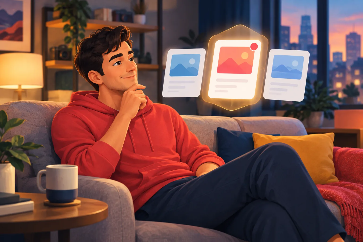 Person on a sofa calmly comparing three simple option cards and leaning toward the one that reaches them
