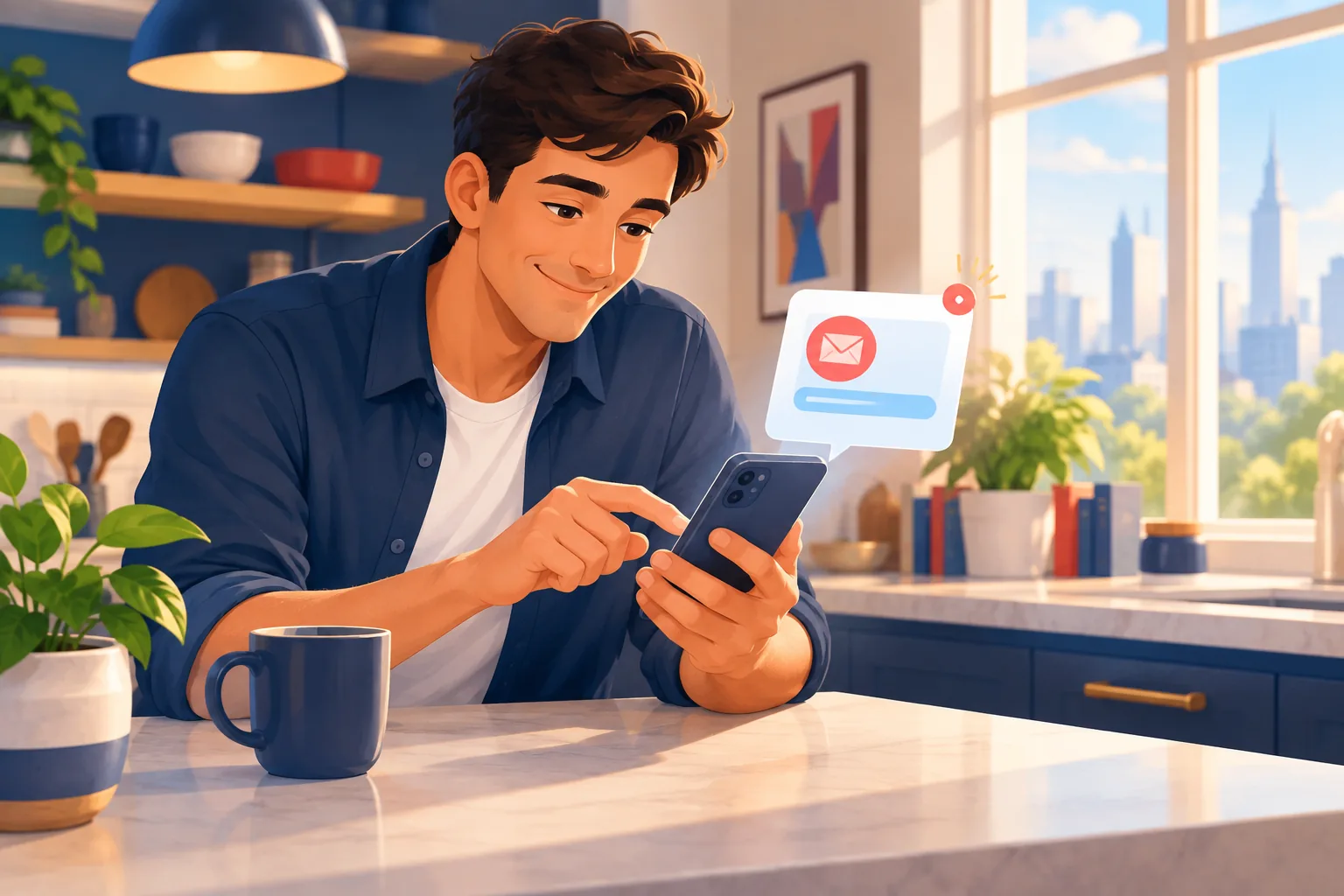 Man at a kitchen counter adding his email to get upload alerts in seconds, relaxed and done quickly