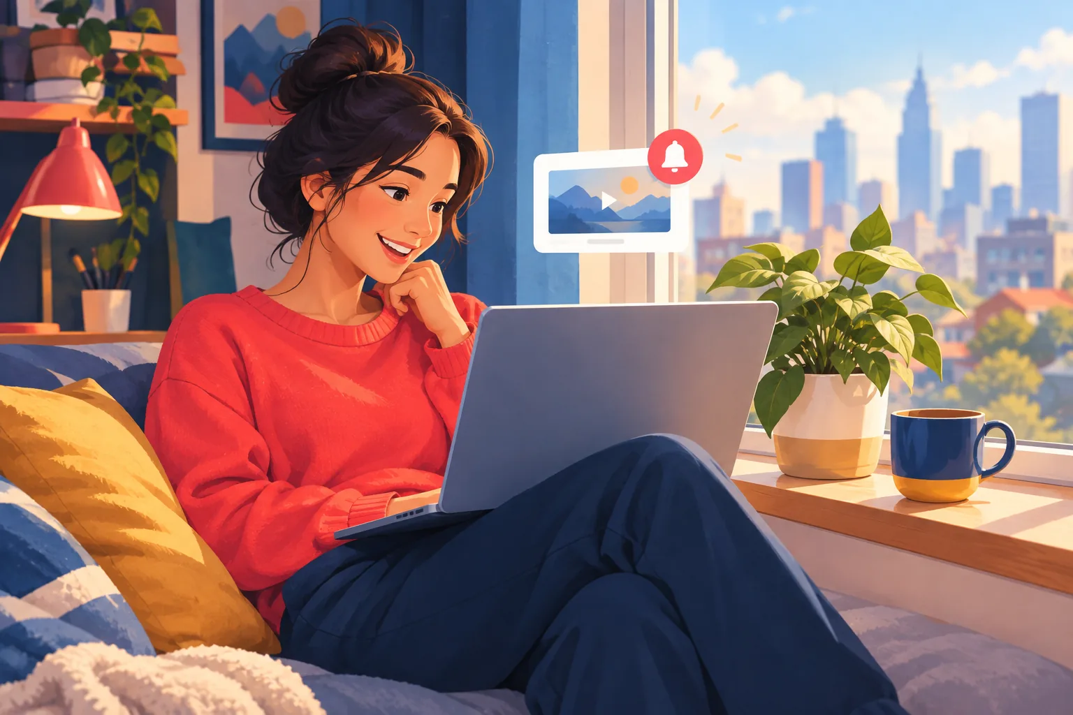 Woman by a sunny window happily watching a brand-new upload she heard about right when it dropped