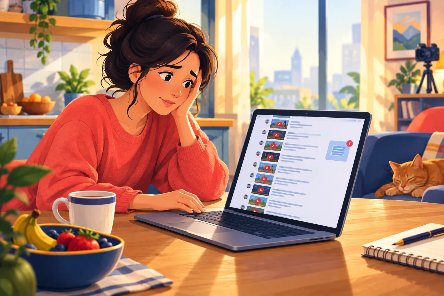 Woman at a kitchen table scrolling an overflowing RSS reader of YouTube channels, feeling behind