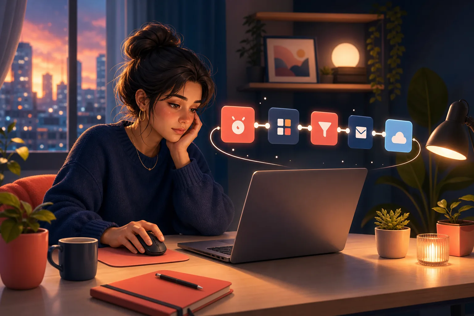 Person building a multi-step automation on a laptop, focused and slightly fatigued by the steps