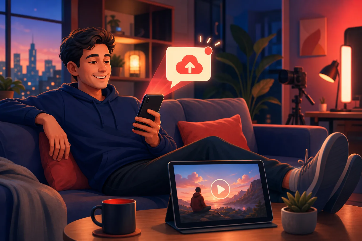 Relaxed viewer on a couch getting a clean upload alert email on his phone, video queued on a tablet