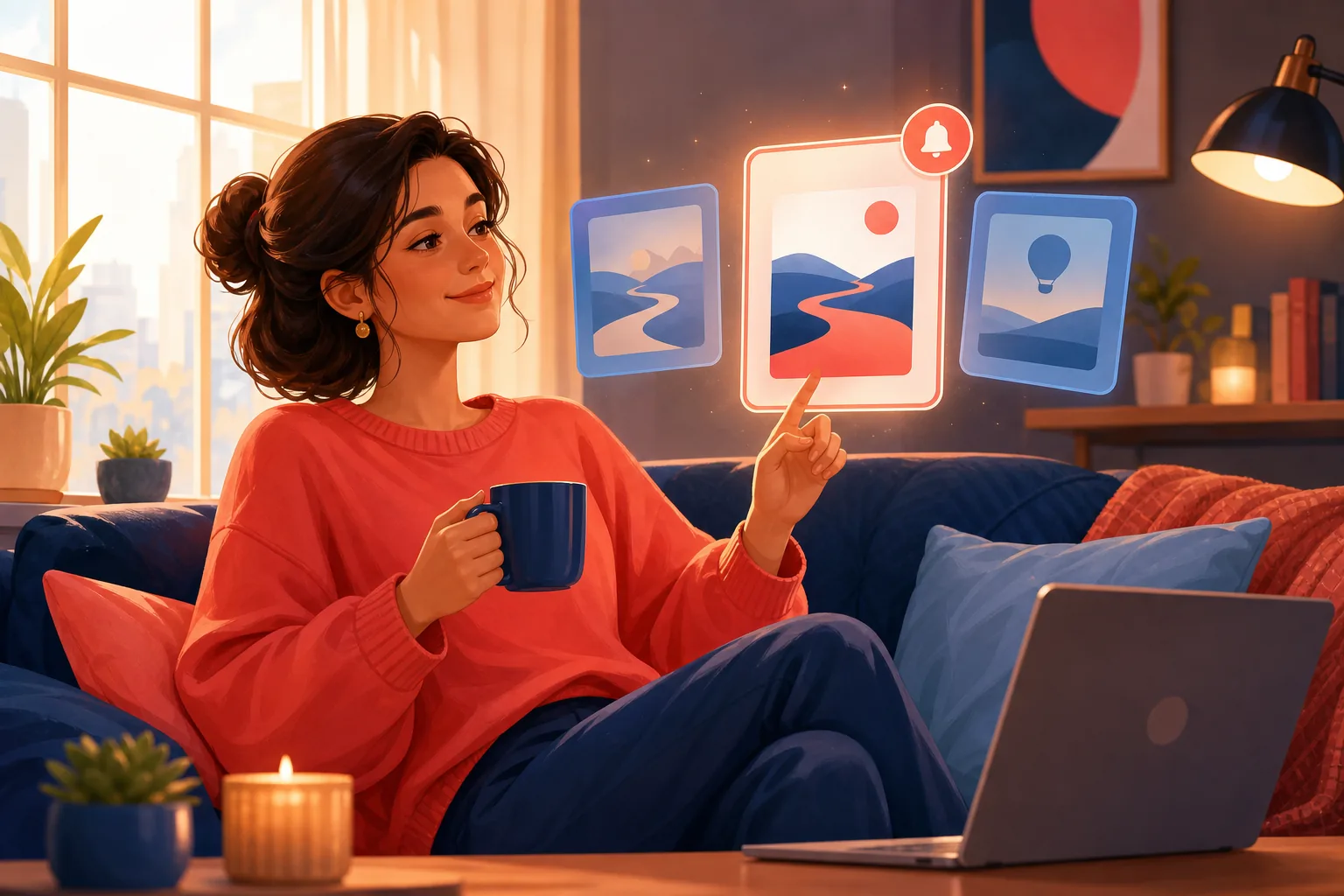 Viewer relaxed on a sofa comparing options in her head, calm and confident she picked the simple one