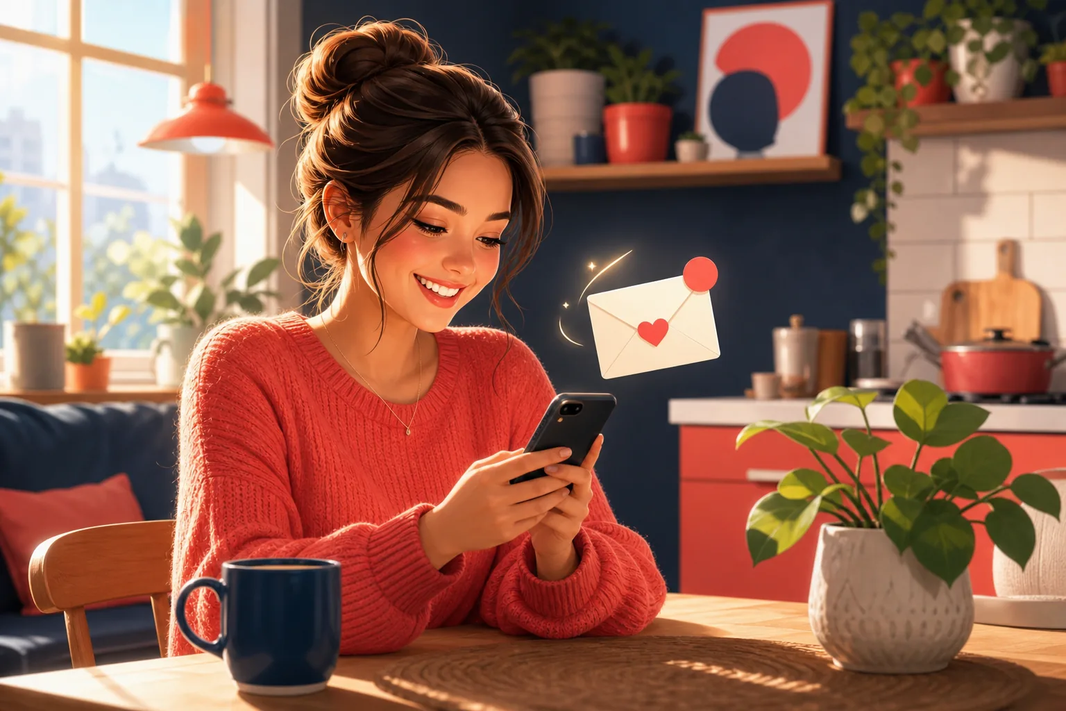 Happy viewer at a kitchen table reading a YouTube upload alert email on her phone