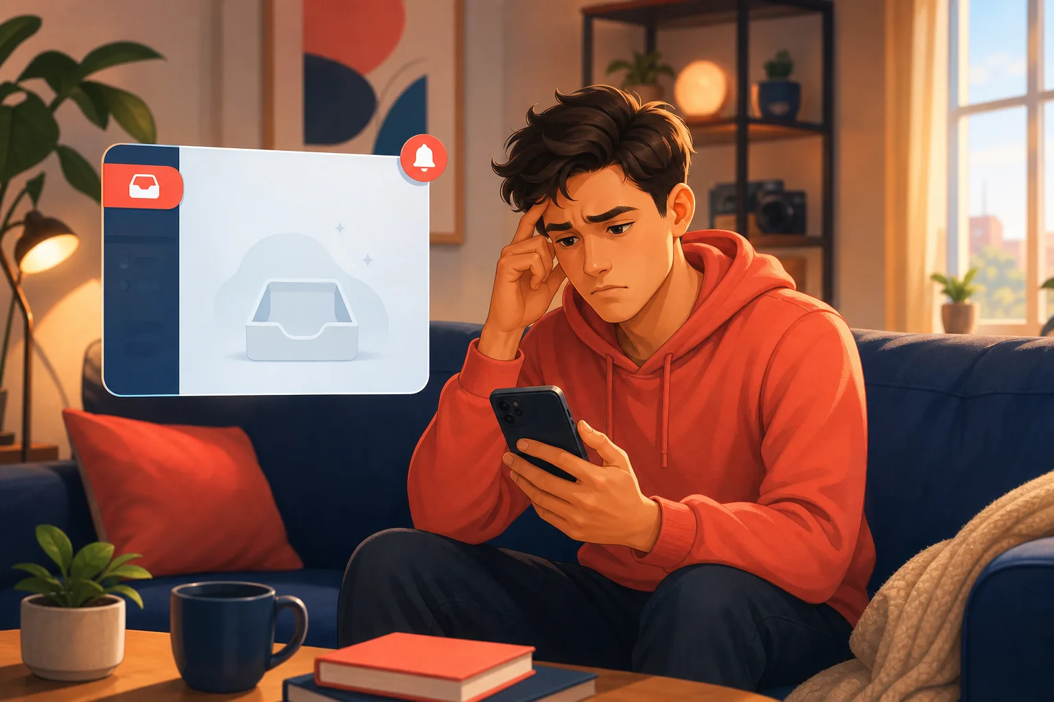 Puzzled man on his couch staring at an empty inbox that never delivered the alert he expected