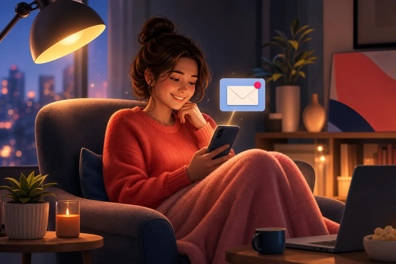 Content woman in an armchair relieved as a tidy new-video email arrives promptly on her phone