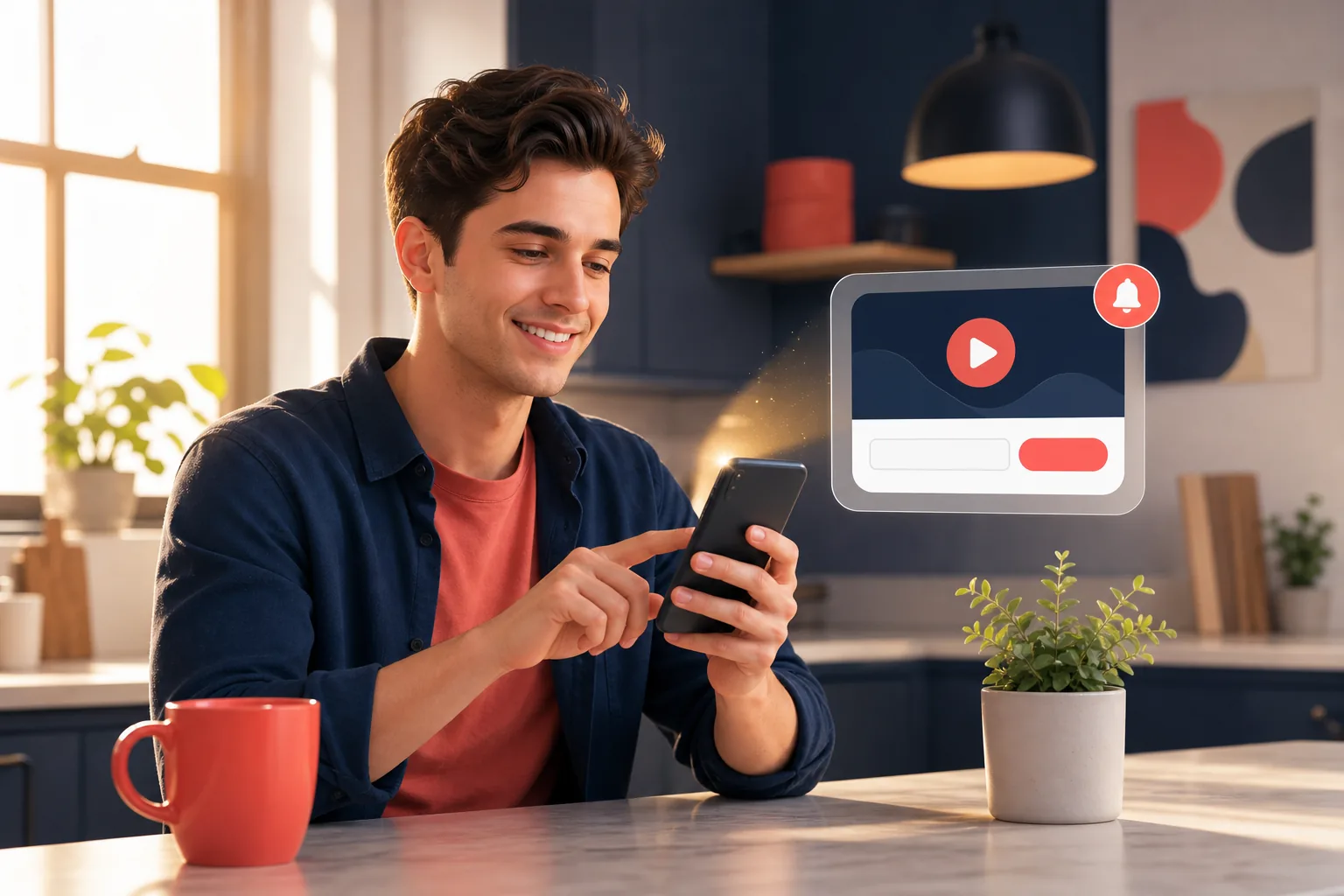 Cheerful man at a kitchen counter adding his email to get upload alerts in seconds