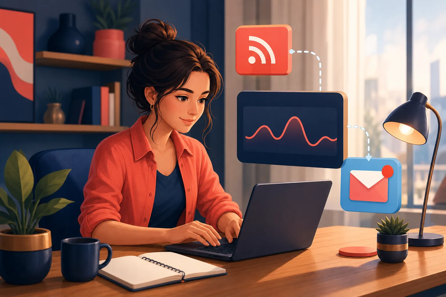 Focused woman at a desk piecing together a do-it-yourself feed-to-email setup