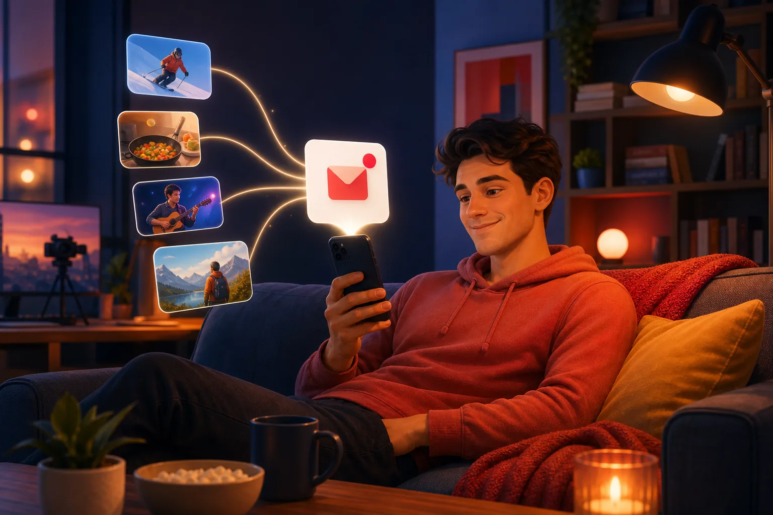 Relaxed man on a sofa as several channels' new-video alerts collect in one tidy inbox