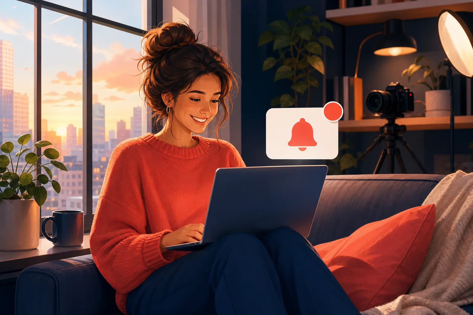 Happy woman by a sunny window watching a brand-new upload she caught right when it dropped