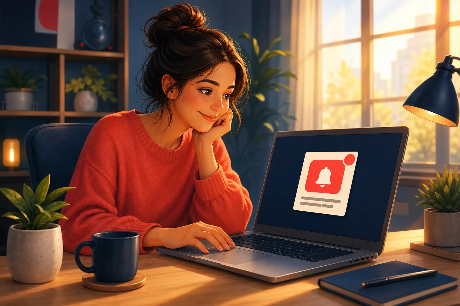 Hopeful woman at a desk setting up an alert to watch a YouTube channel, unaware it will not work