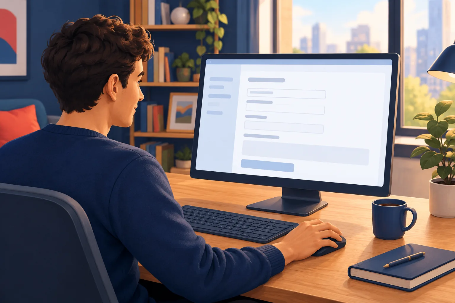 Young man at a home office desk adding channel links in YouTube Studio on a large monitor, calm and focused with a coffee mug