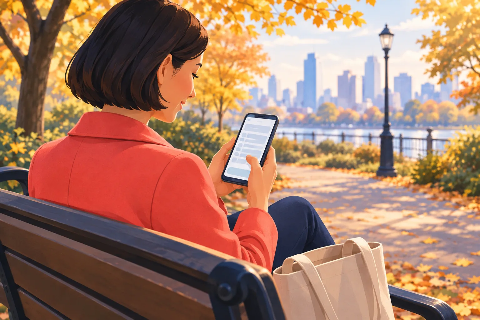 Woman on a park bench updating her YouTube channel links on her phone, smiling as she taps through the settings
