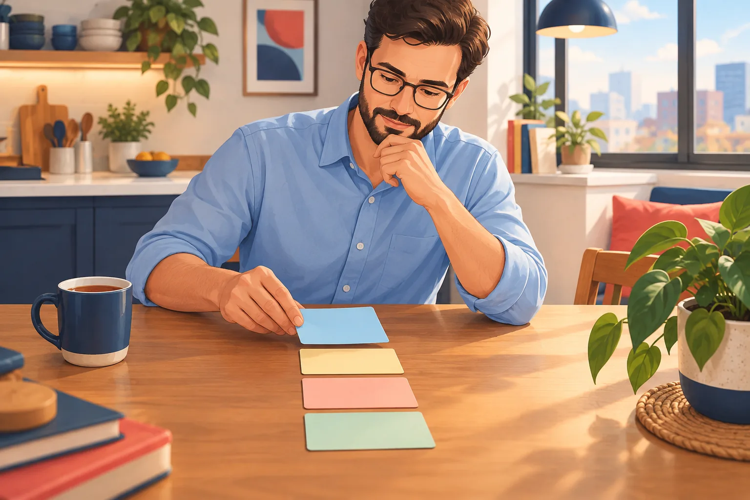 Creator at a kitchen table sliding one blank card to the top of a short column of cards, deciding which link matters most