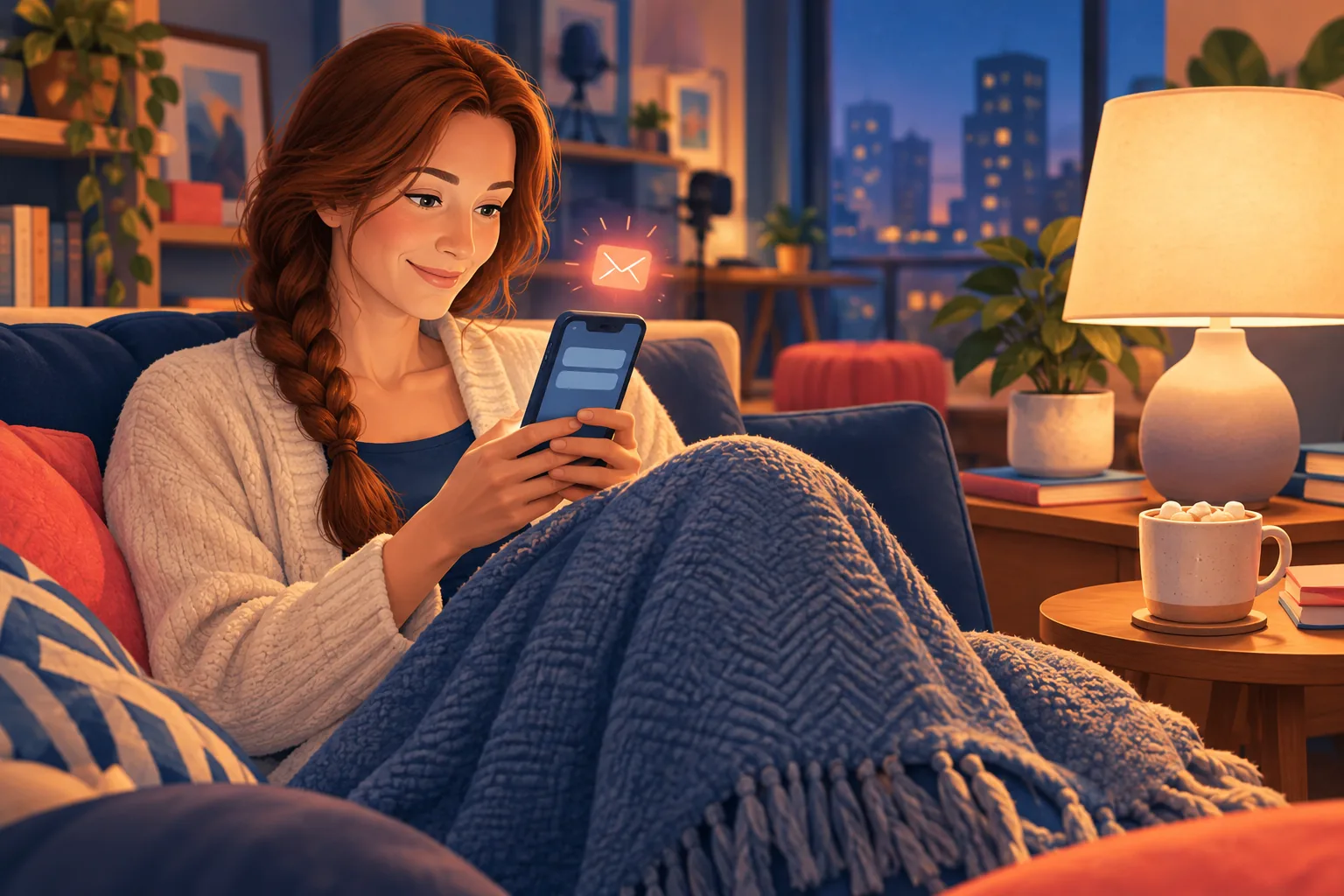 Woman relaxing on her sofa in the evening, smiling as an email about a new upload from her favorite creator arrives