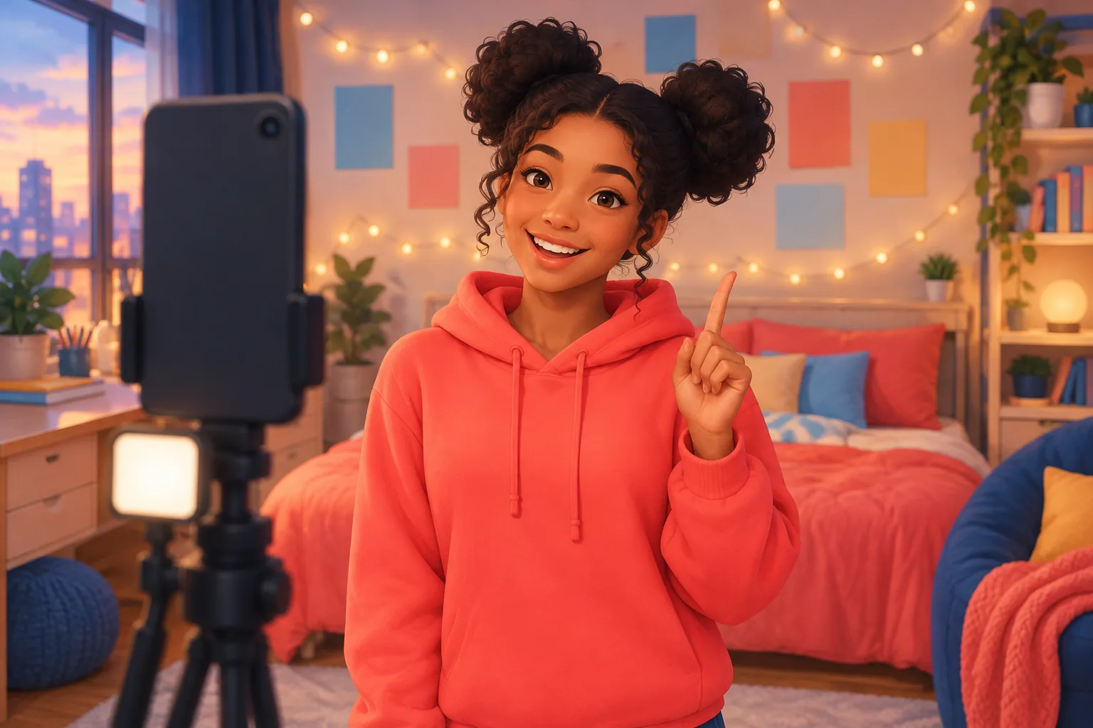 Teen creator filming a vertical video on a phone tripod in her bedroom, pointing up to tell viewers where her link is