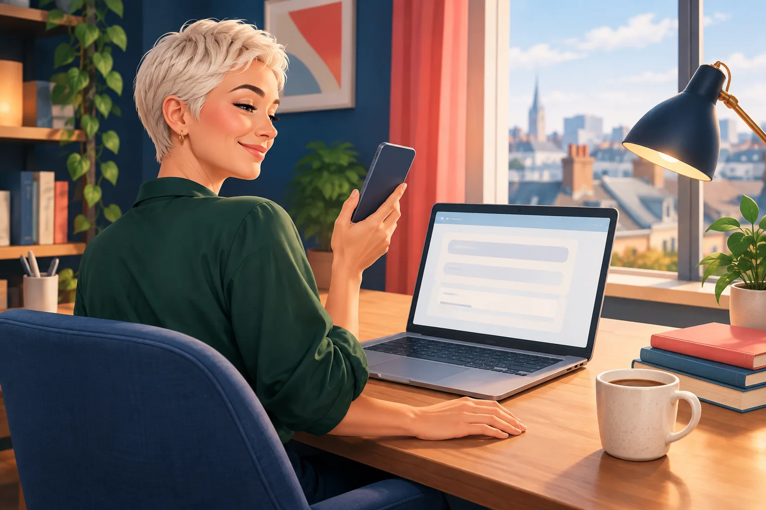 Creator at her desk holding up her phone beside an open laptop, relieved after verifying her channel for clickable links