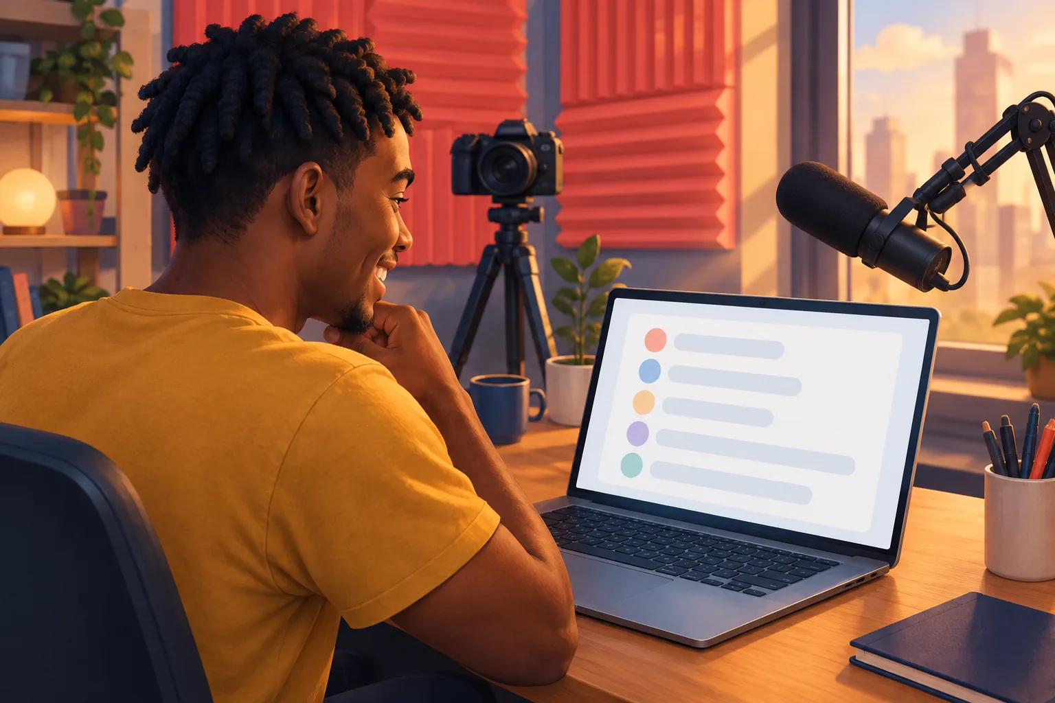 Cheerful creator in his filming room smiling at a laptop showing a growing list of fans, a camera on a tripod nearby