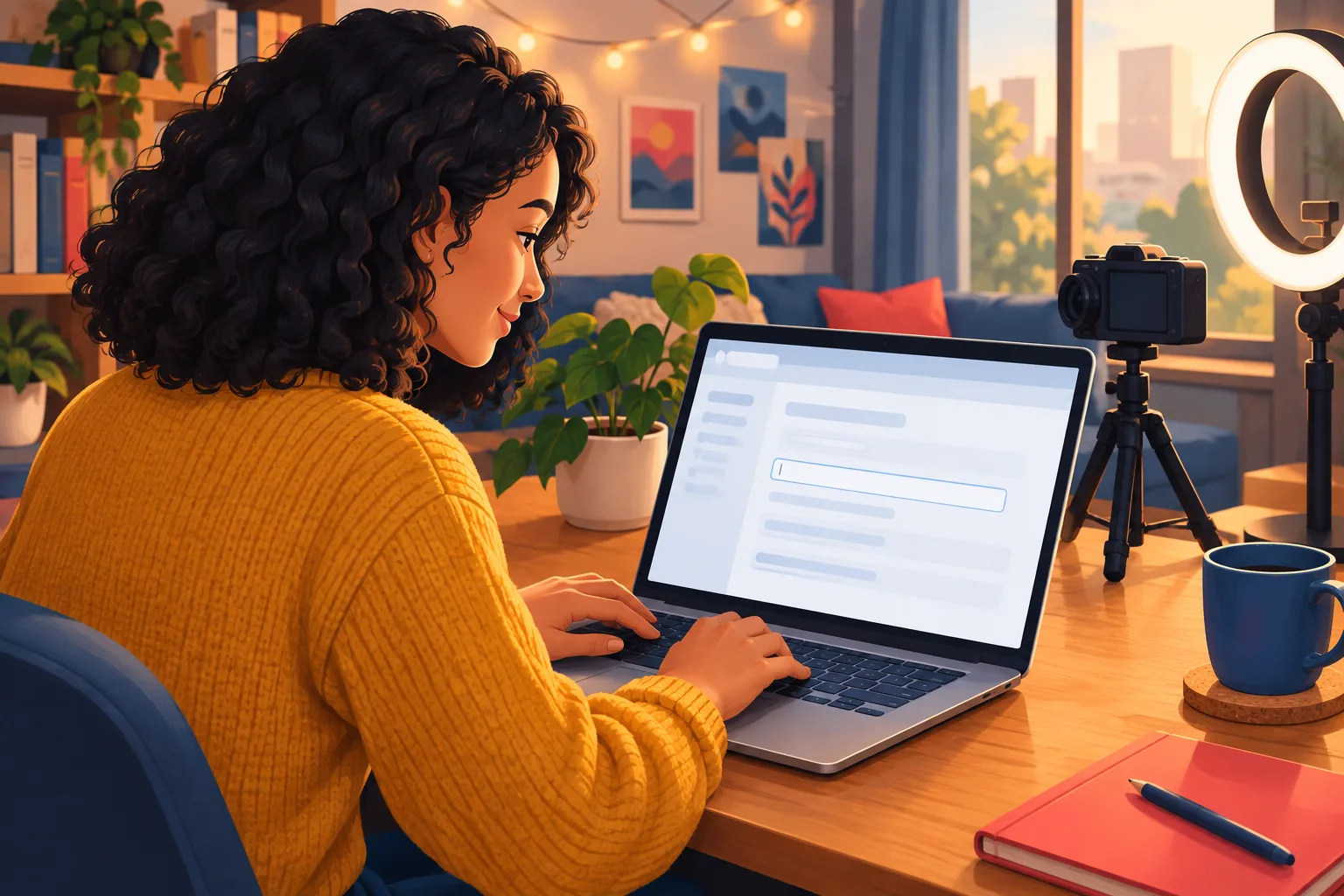 Creator at her home studio desk adding links to her YouTube channel on a laptop, a camera and ring light beside her
