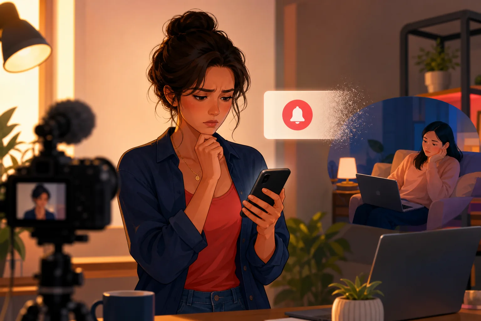 Creator glancing at her phone with a puzzled frown as a single notification quietly fades, realizing the bell reached far fewer fans than expected