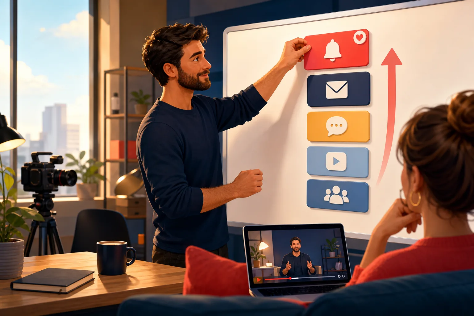 Male creator at a whiteboard thoughtfully ranking his announcement channels, calm and strategic in a warmly lit studio