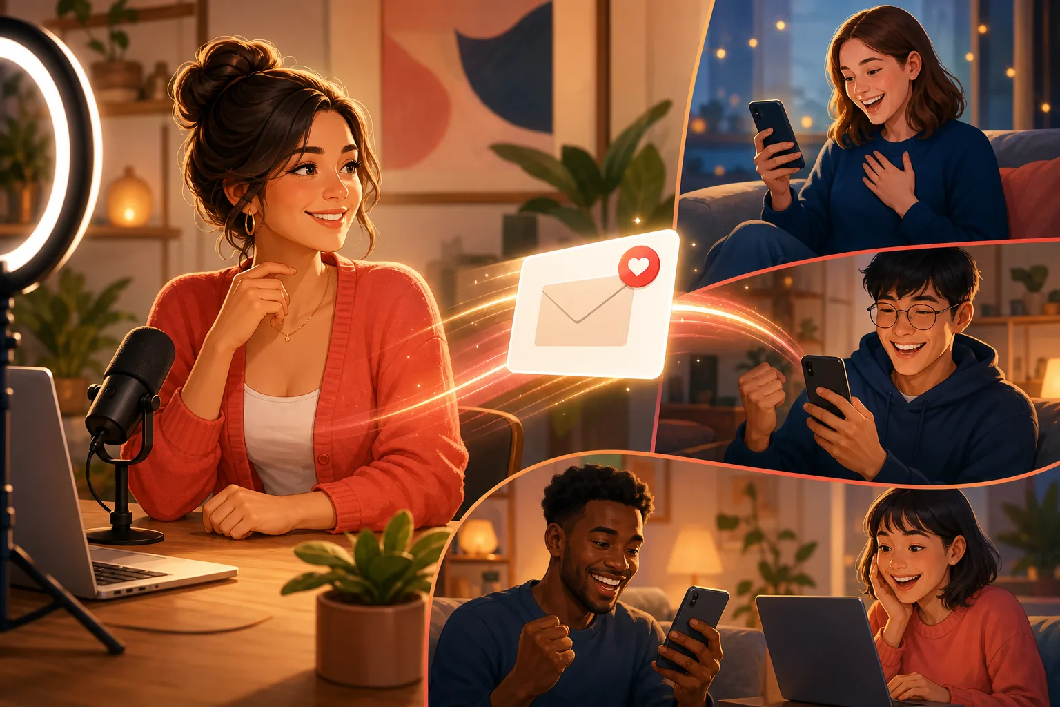 Creator smiling with quiet confidence as a single clean email alert glides out to a few happy fans holding phones in soft focus