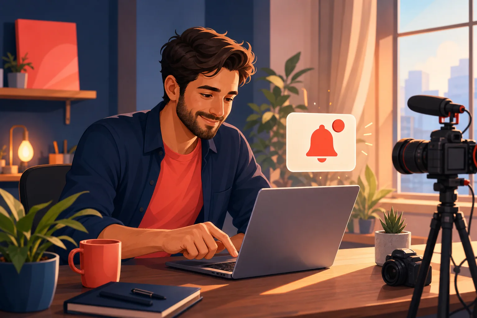 Relaxed creator at a tidy desk tapping his laptop with a satisfied smile as he sets up automatic upload announcements
