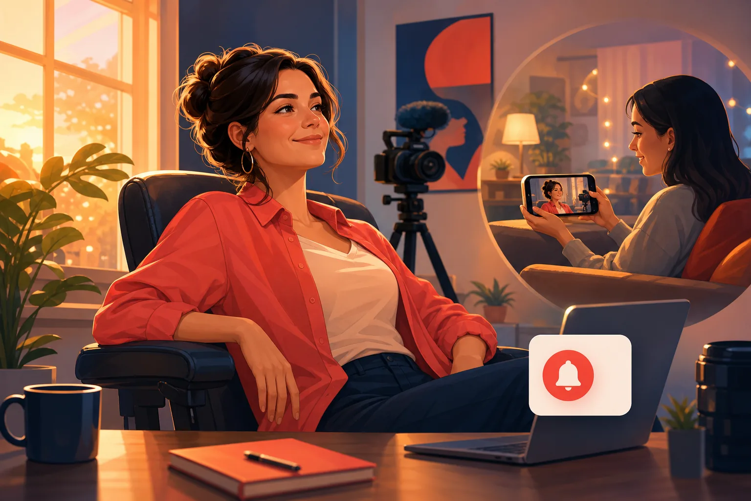 Creator leaning back in a sunlit studio with a serene reassured smile, confident every future upload will reach her fans