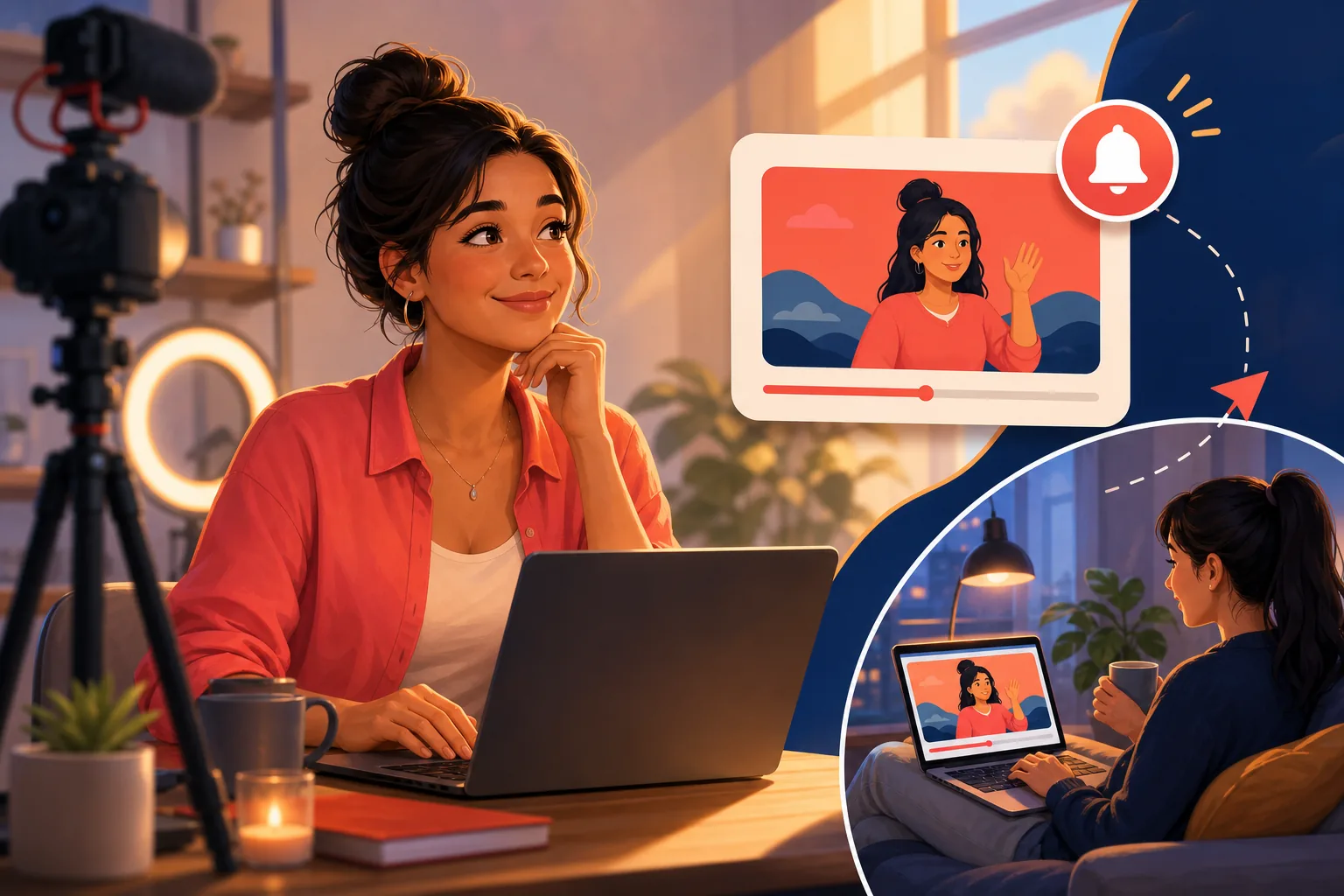 YouTube creator at her desk just after hitting publish, hopeful that her fans will actually hear about the new video