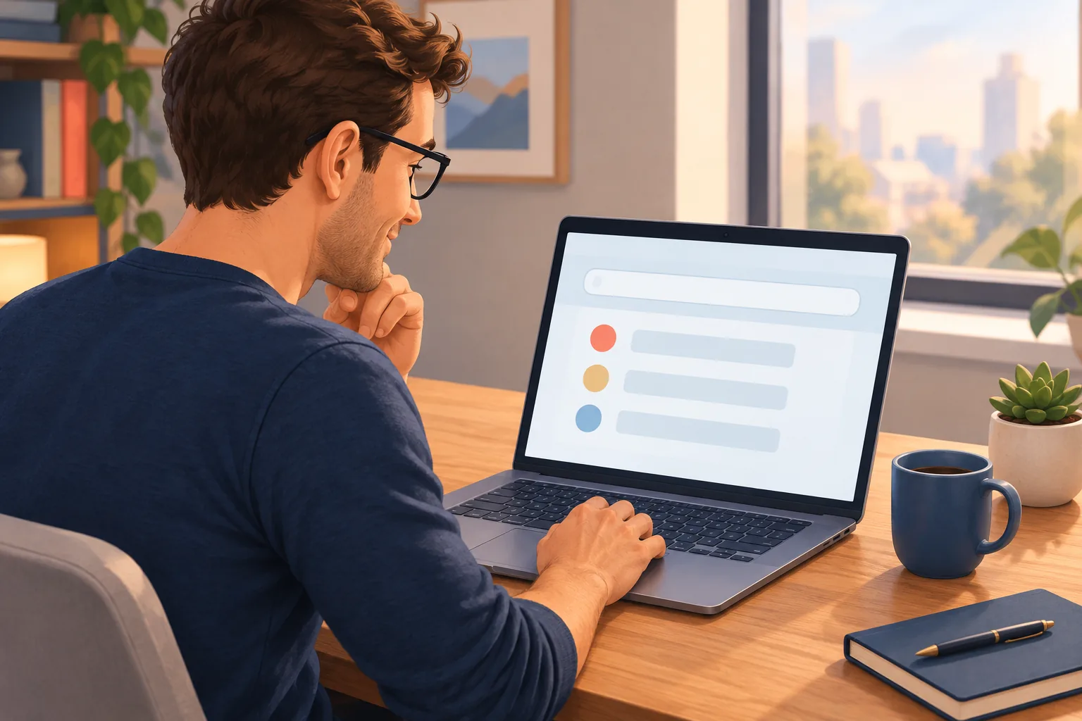 Man at a home-office desk leaning toward his laptop, pleased to spot the right channel in a short list of results