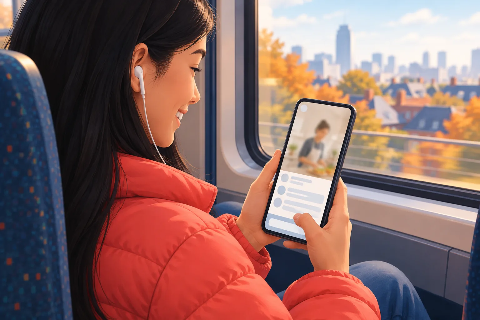 Teenage girl on a commuter train grinning as she taps the bottom of a vertical video on her phone