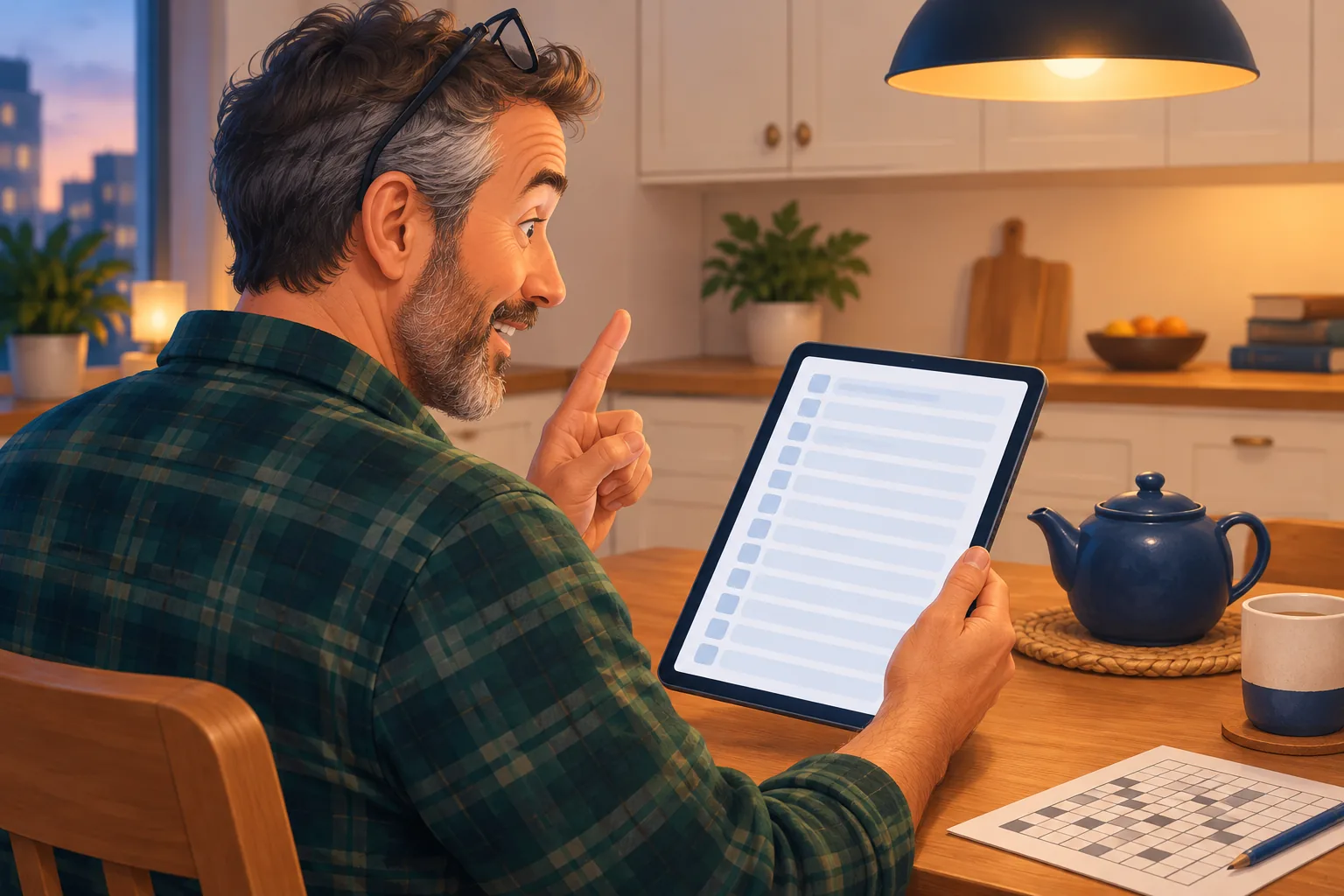 Man at a kitchen table in the evening raising a finger in an aha moment while scrolling a list on his tablet
